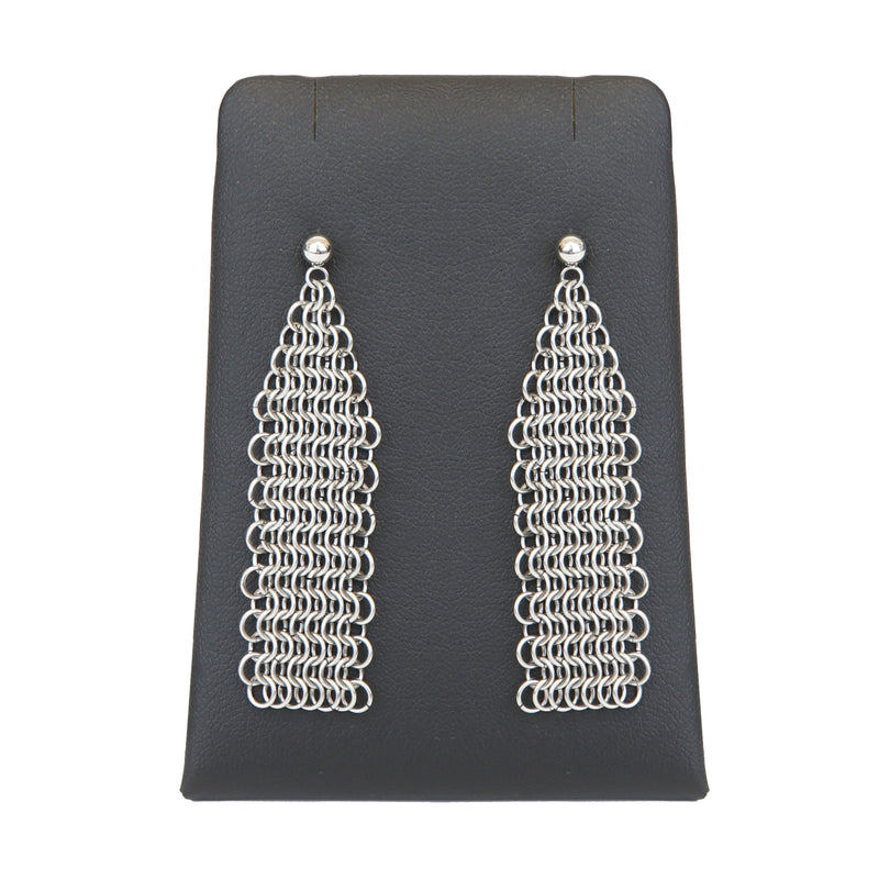 Silver stud earrings with dangling chainmail details on a display stand