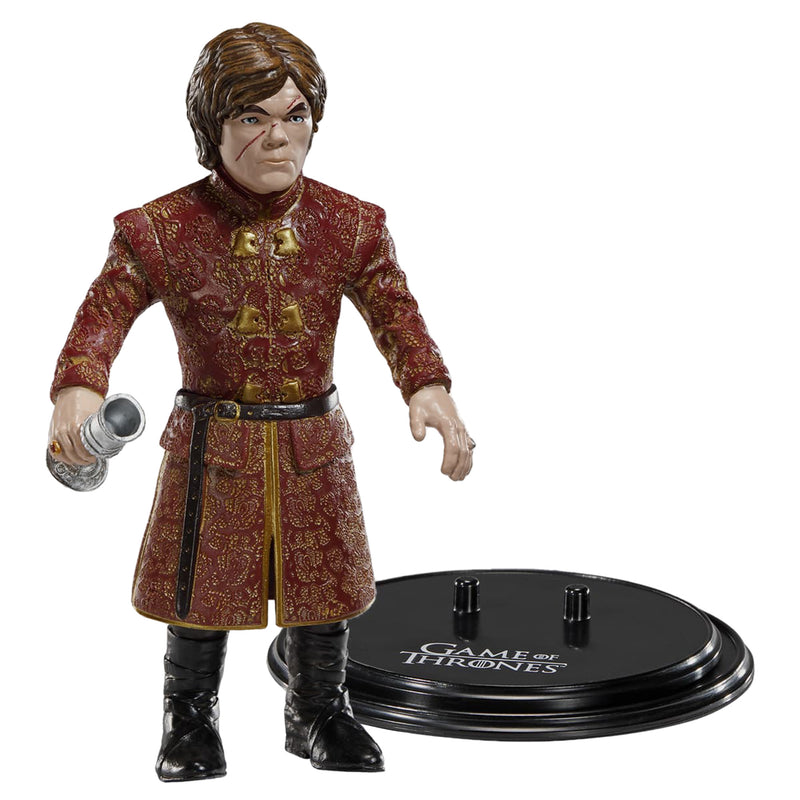 Tyrion Lannister Bendyfig standing next to black display stand that reads 'Game of Thrones'