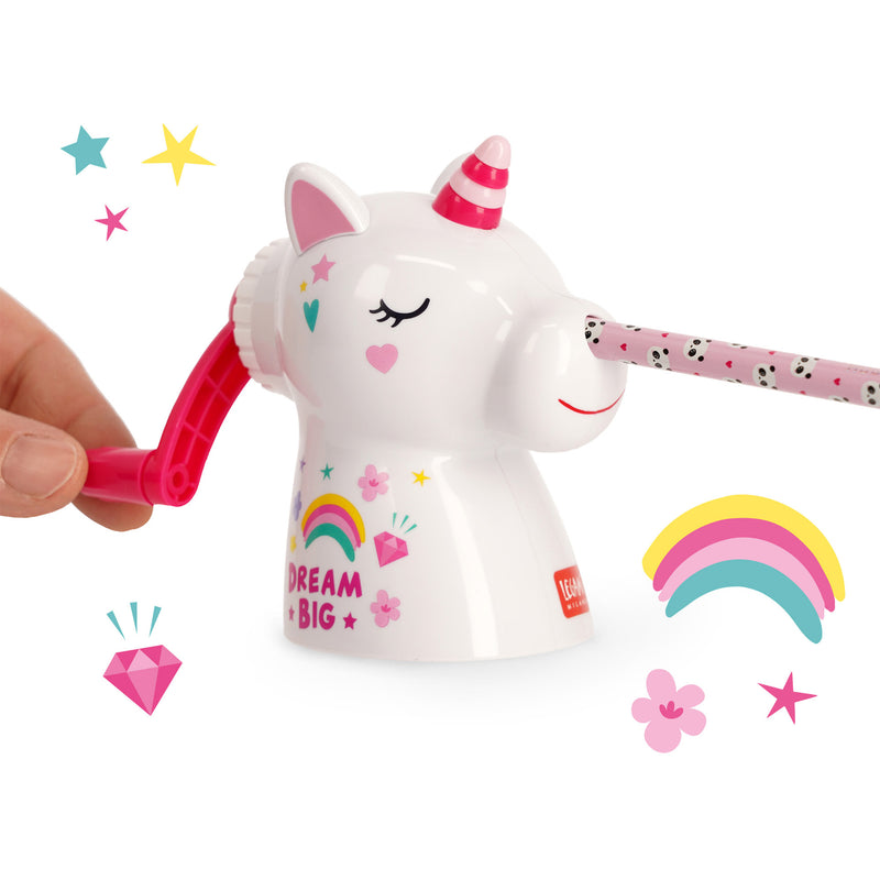 Unicorn Legami Dream Big pencil sharpener in use