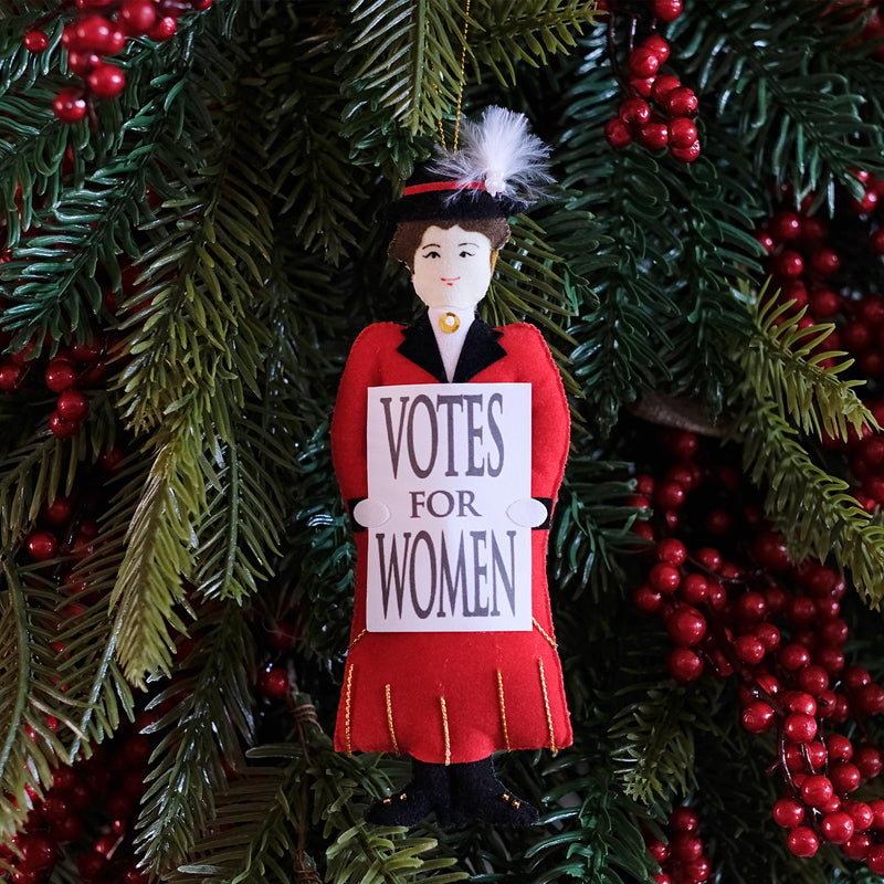 red suffragette hanging decoration patricia with votes for women sign on christmas tree