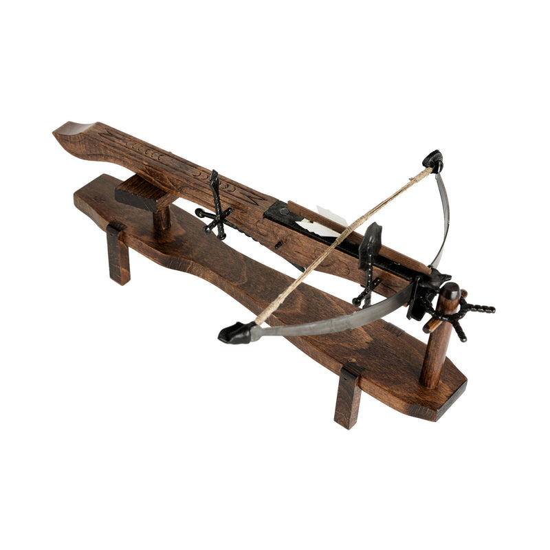 wooden crossbow display stand with mini crossbow from above