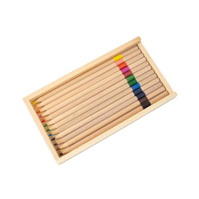 inside wooden pencil box with coloured pencils