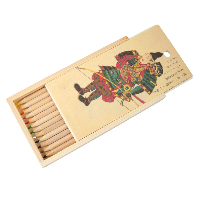 Wooden pencil box with Yoroi design open to show colour pencil tips