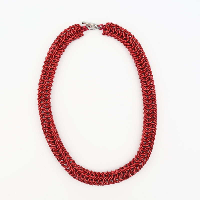Intricately linked chunky chainmail necklace in crimson red 