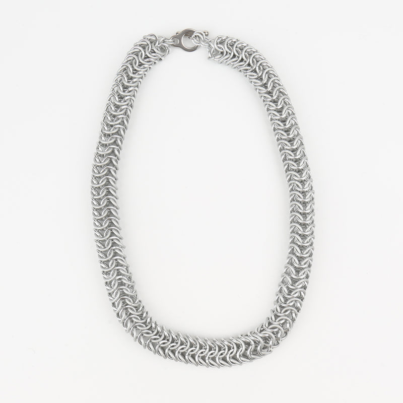 Intricately linked chunky silver chainmail necklace