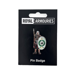 Pin badge of a warrior on a black card with 'Royal Armouries' branding