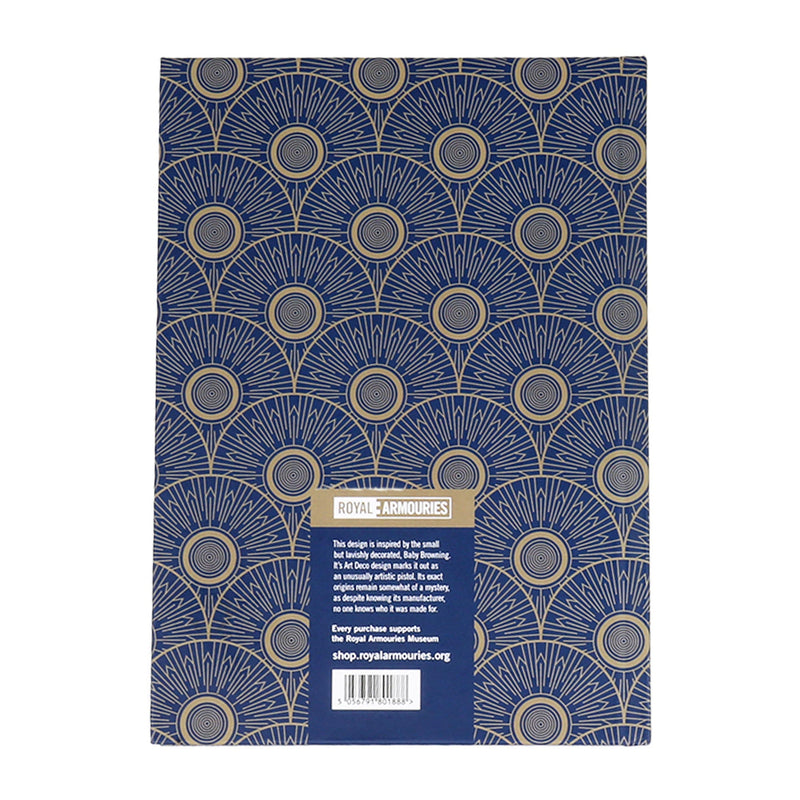 Reverse of Notebook with gold and blue art-deco pattern, logo and description on a white background