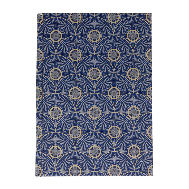Notebook with gold and blue art-deco pattern on a white background