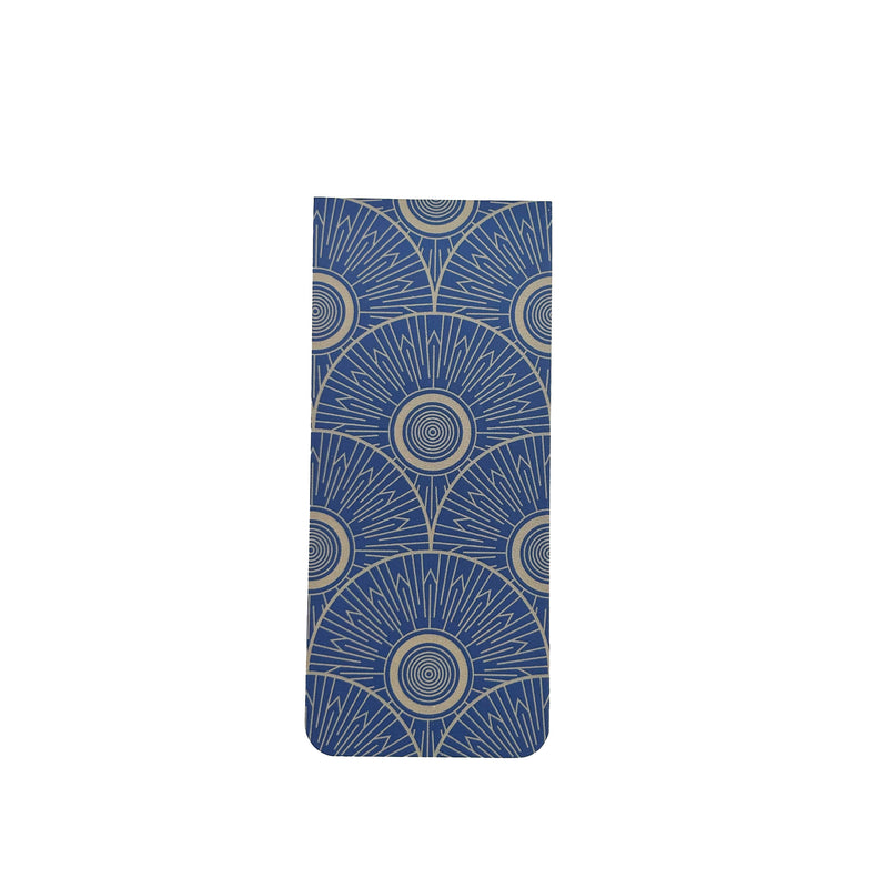 Magnetic bookmark with blue and gold circular art-deco pattern on a white background