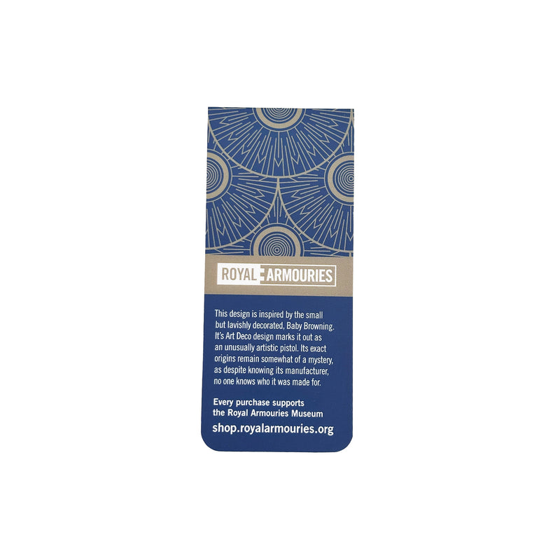 Magnetic bookmark with blue and gold circular art-deco pattern, logo and description text on a white background