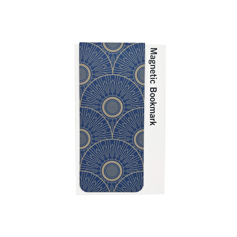 Magnetic bookmark with blue and gold circular art-deco pattern on a white packaging