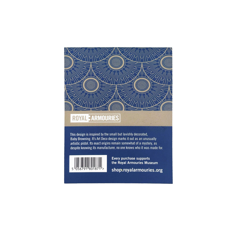 mini note-pad with gold and blue art deco design, logo and description on a white background