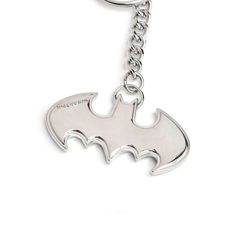 batman logo keychain close up of the logo charm