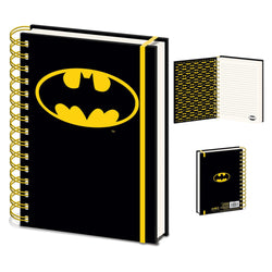 Black notebook with yellow Batman logo on a white background