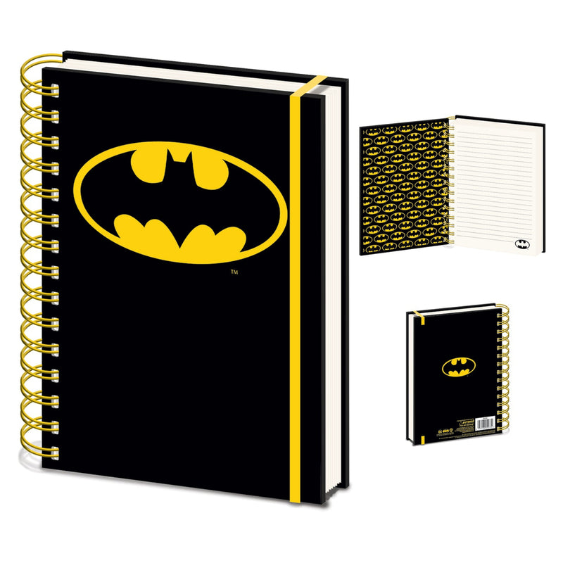 Black notebook with yellow Batman logo on a white background
