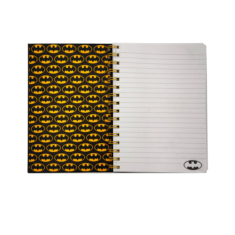 Notebook with Batman logo cover and lined pages on a white background
