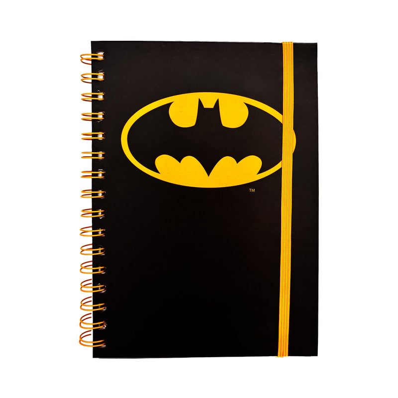 Notebook with Batman logo on a black background