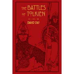 battles of tolkien front cover. The cover is red with gold writing and a woodcut style image of two soldiers