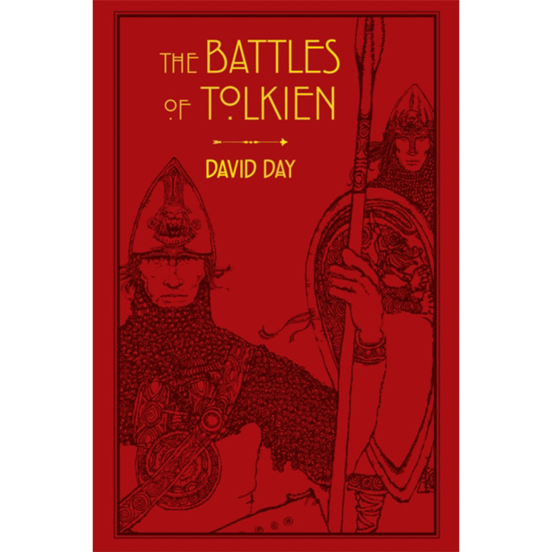 battles of tolkien front cover. The cover is red with gold writing and a woodcut style image of two soldiers