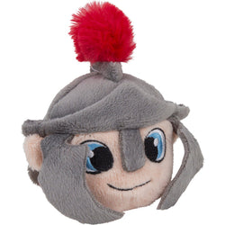 plush ball in the shape of a soldiers head with fabric centurion helmet and red crest