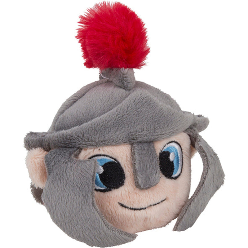 plush ball in the shape of a soldiers head with fabric centurion helmet and red crest