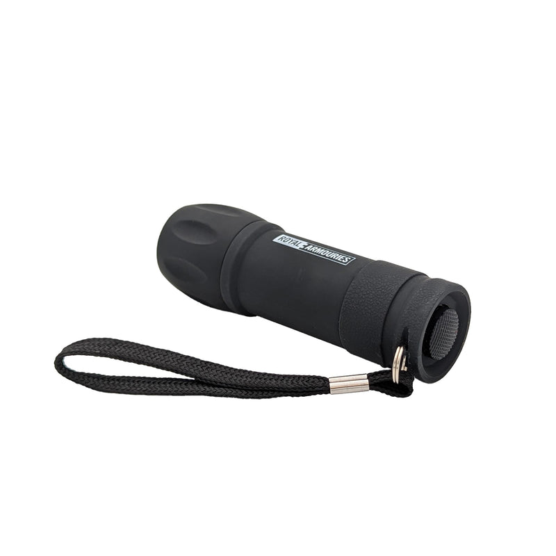 Black LED grip torch with wrist strap and royal armouries logo in white - rubber on / off button
