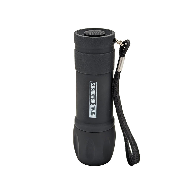 Black LED grip torch with wrist strap and royal armouries logo in white