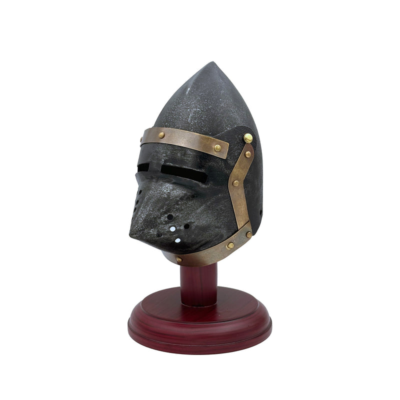 Medieval helmet on a stand with a white background