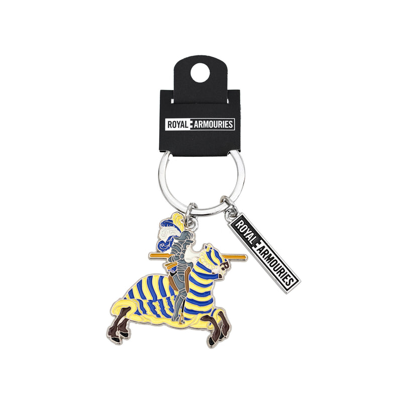 blue and yellow jouster keyring with label