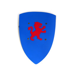 Childrens medieval shield in blue with red lion emblem front