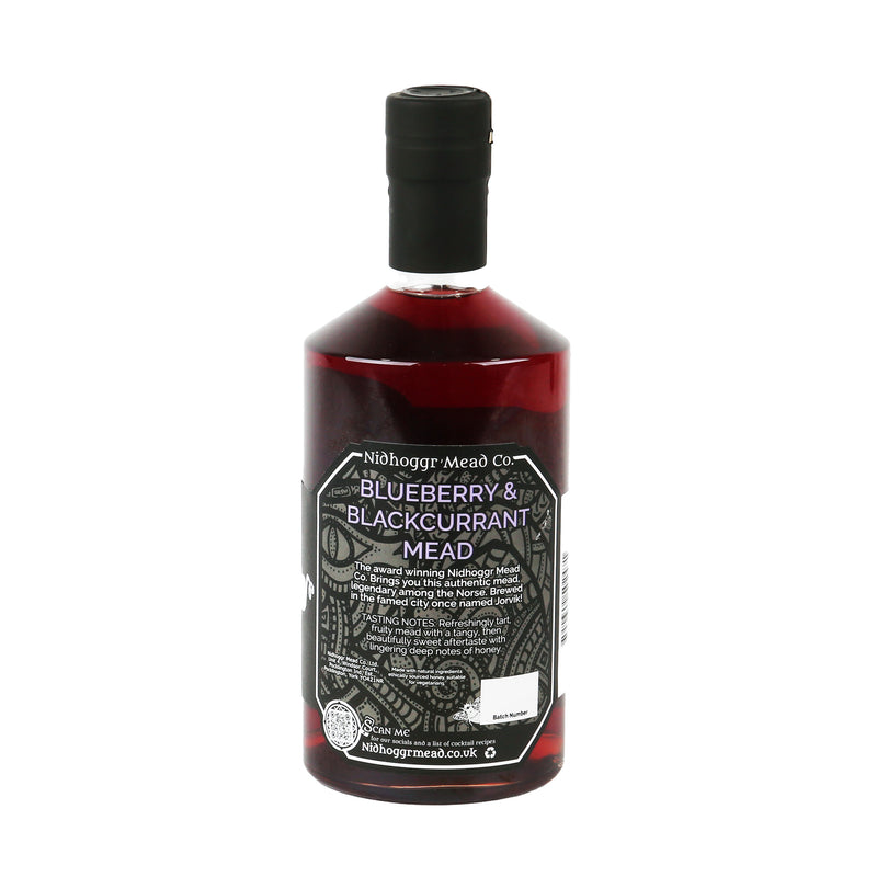 Nidhoggr blueberry and blackcurrant mead bottle from the back on a white background