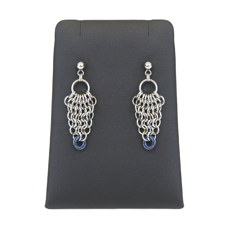 Silver stud earrings with silver and ice blue chainmail details