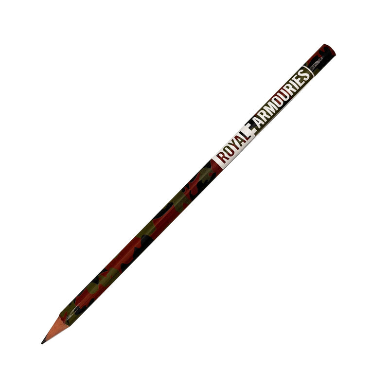 Pencil with camouflage design and 'Royal Armouries' branding on a white background