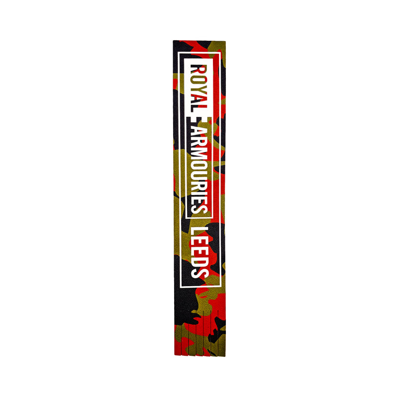 Camouflage-patterned product with 'Royal Armouries Leeds' branding on a white background