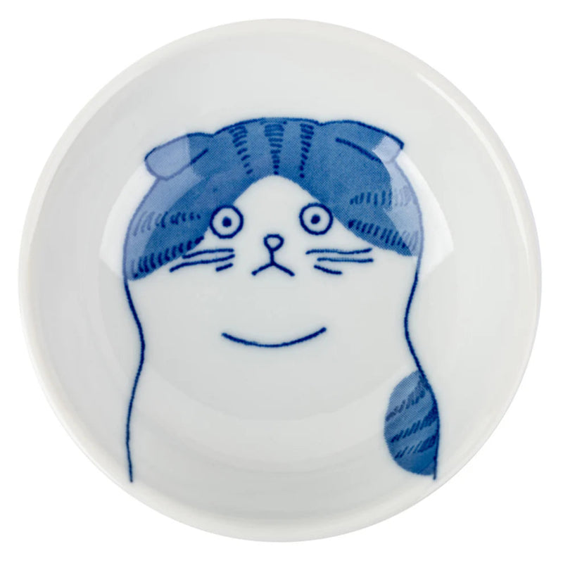 Ceramic dish with blue cat illustration on a white background