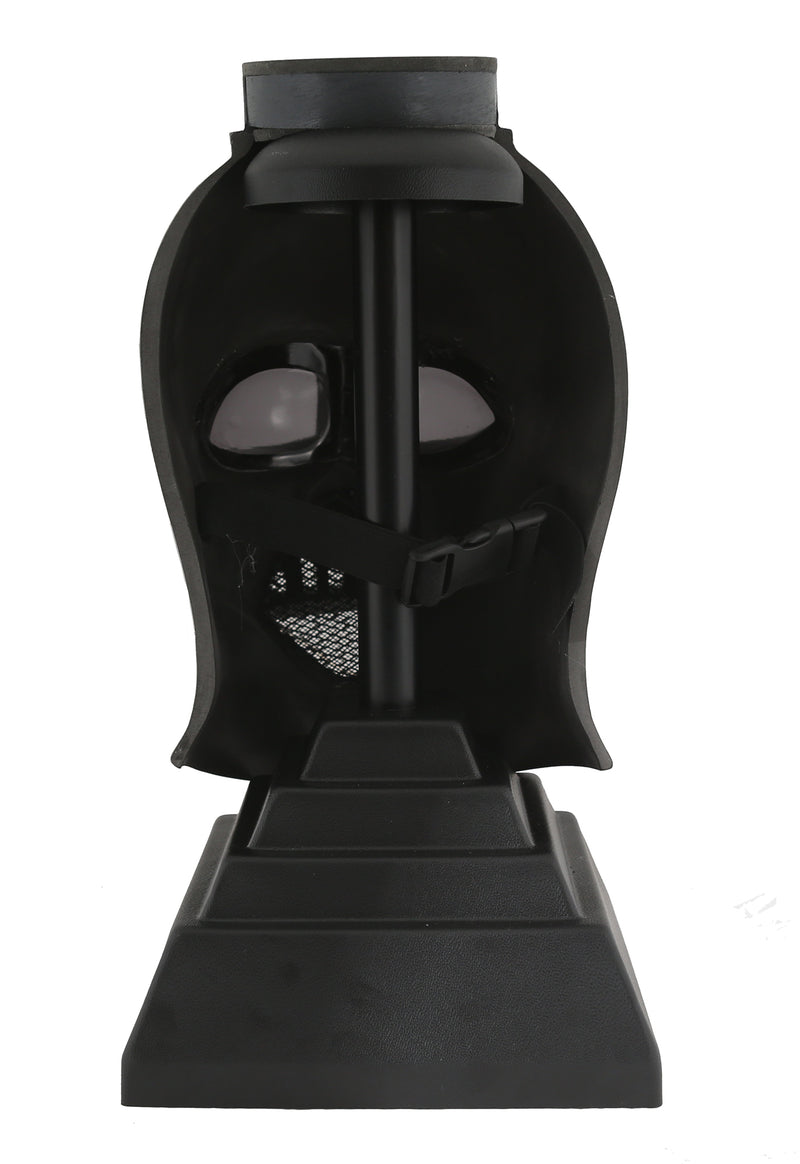 Dark Lord darth vader helmet and stand with silver plaque back view without the neck guard