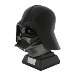 Dark Lord darth vader helmet and stand with silver plaque left side view