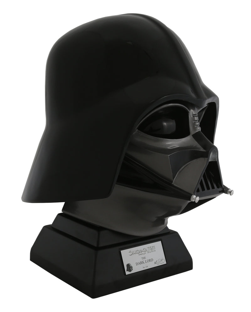 Dark Lord darth vader helmet and stand with silver plaque right side view