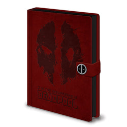 red deadpool notebook featuring minimalist mask on a white background