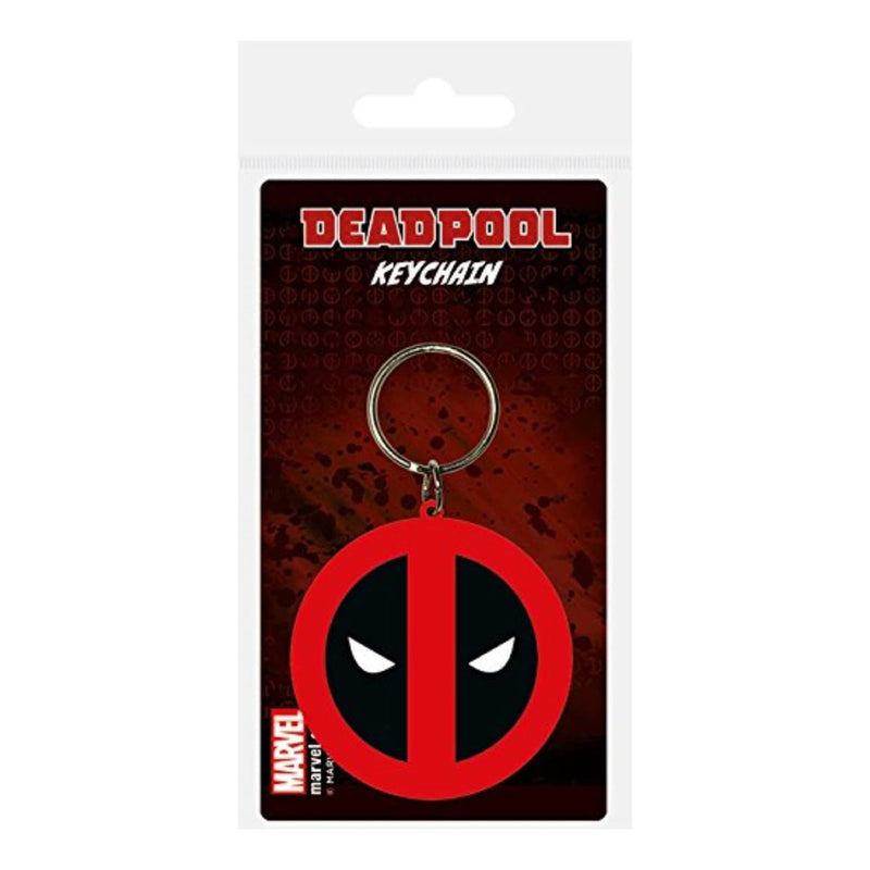 Deadpool keychain packaging with red and black design on a white background