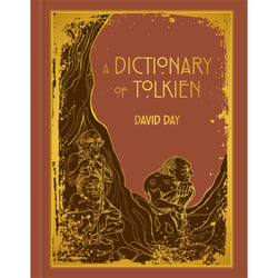 a dictionary of tolkien front cover. Cover is brown with woodcut style illustrations of creatures