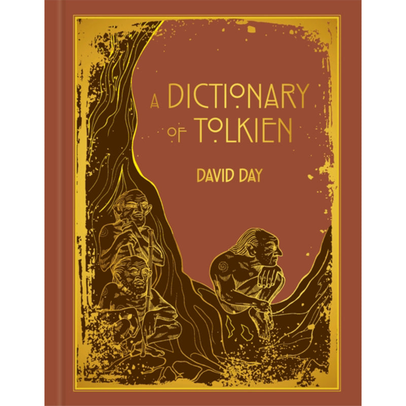 a dictionary of tolkien front cover. Cover is brown with woodcut style illustrations of creatures
