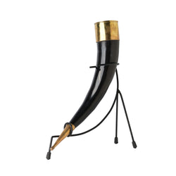 medieval style drinking horn on black display stand left