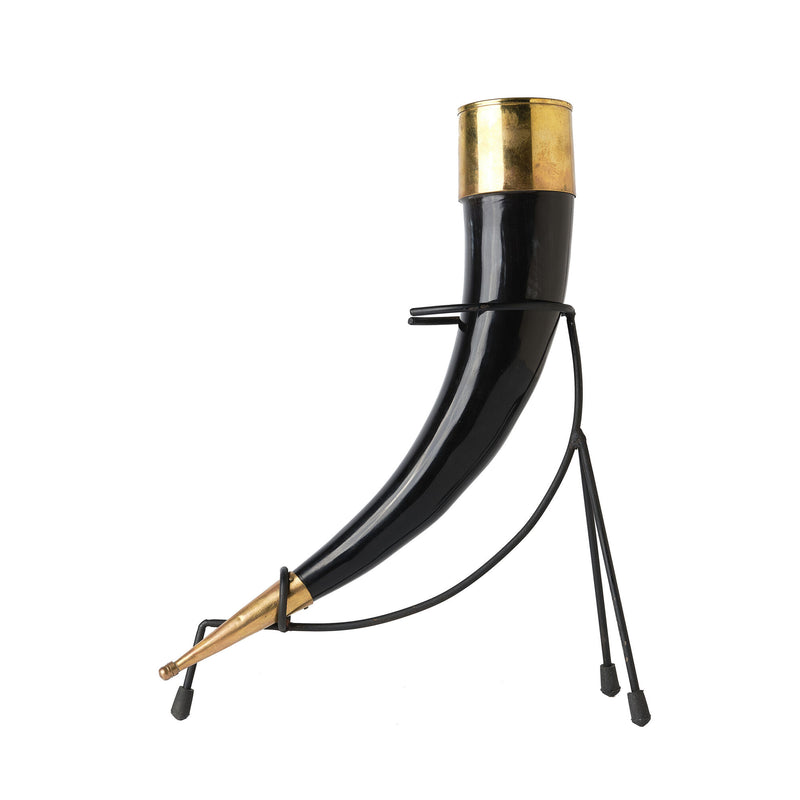 medieval style drinking horn on black display stand left full