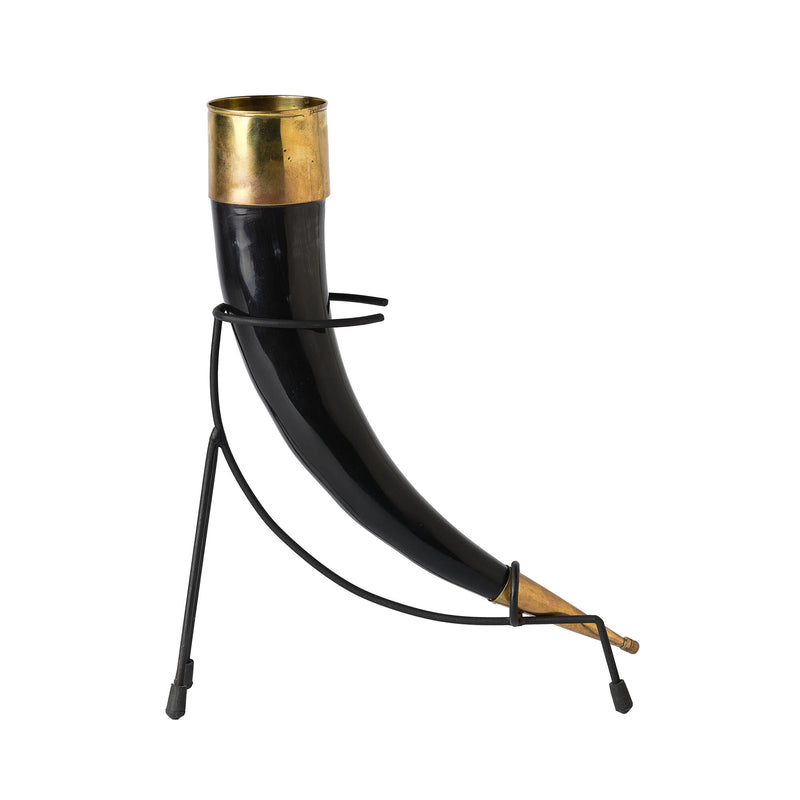 medieval style drinking horn on black display stand right