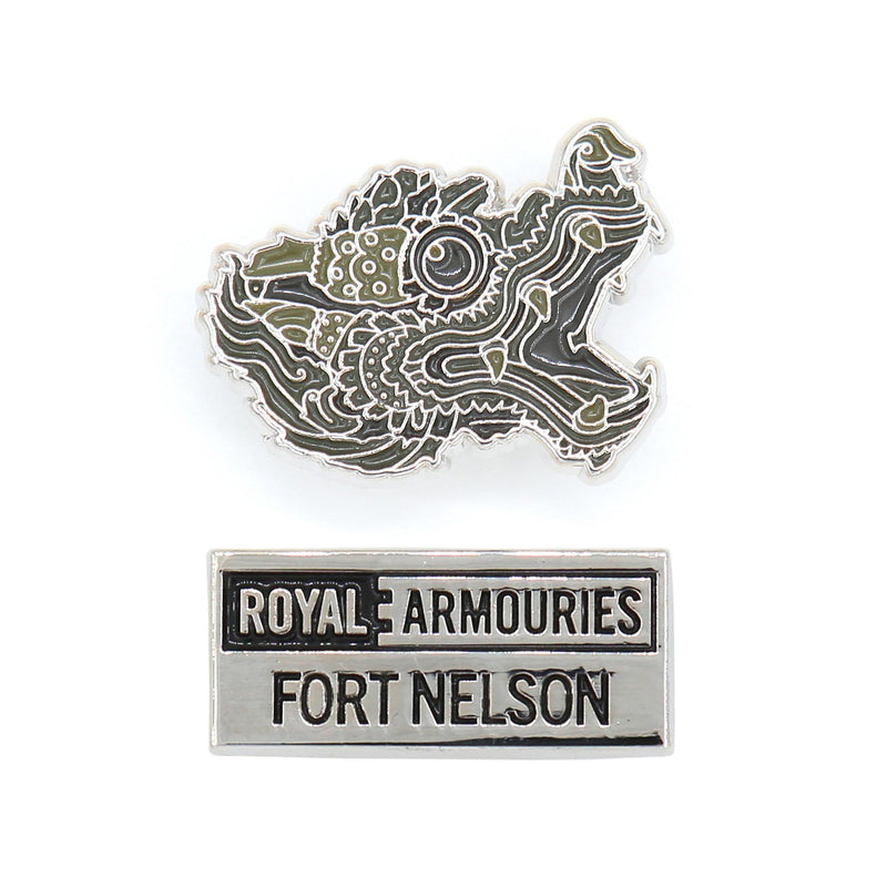 fort nelson dragon cannon and fort nelson logo pin badge set