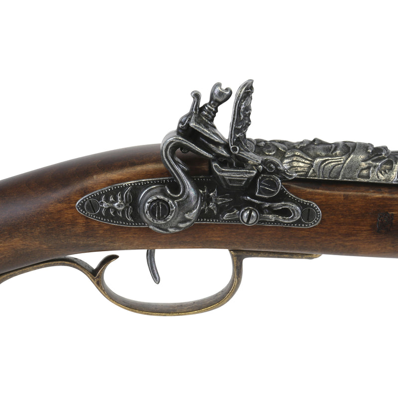 French flintlock musket replica closeup of flintlock mechanism