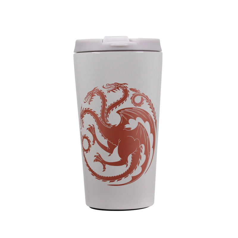 White and Orange stainless steel game of thrones travel mug with mother of dragons text Targaryen sigil