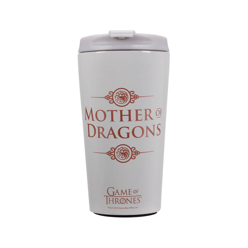 White and Orange stainless steel game of thrones travel mug with mother of dragons text