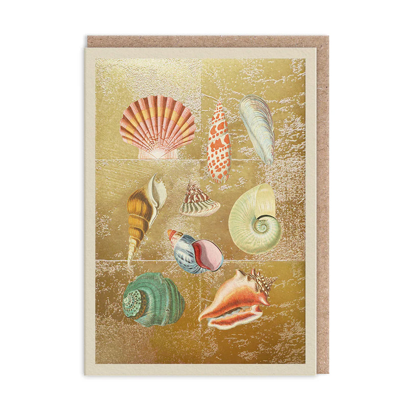 Artwork with colorful seashells on a textured gold background